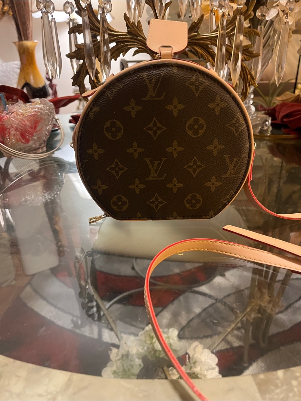 😎😎 Brown Monogram Round Crossbody with Natural & Red-Trim Strap😎🍋 NEW! - Picture 2 of 8